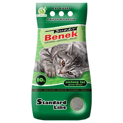 Super Benek cat litter, 10 litre pack, green forest scent, standard line, granulated and highly absorbent. Text in multiple languages visible on packaging.