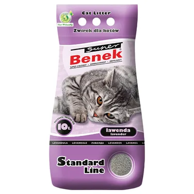 Super Benek cat litter, lavender scent, 10 litre pack, Standard Line. Text includes 'super absorbent', 'granulated', and 'cat litter' in multiple languages. Super Benek cat litter, lavender scent, 10 litre pack, Standard Line. Text includes 'super absorbent', 'granulated', and 'cat litter' in multiple languages.