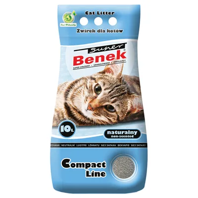 Bag labelled cat litter, 10 litres, non-scented, Compact Line. Text includes 'super Benek' and 'naturalny'. Image shows granules and a cat photo on the packaging.