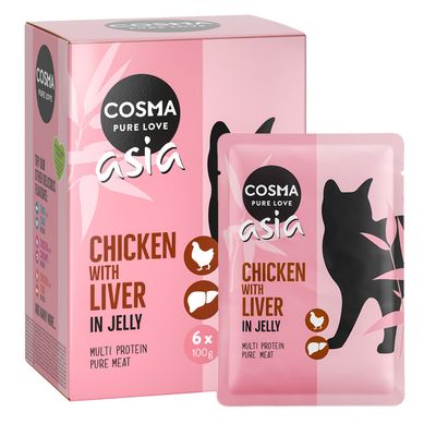 Cosma Pure Love Asia. Kyckling med lever i gelé. Multi Protein rent kött. Förpackning med 6 x 100 g påsar.