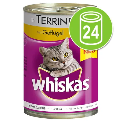 Whiskas kattenvoer in blik, met opschrift 'in Terrine mit Geflügel', 24 stuks aangegeven op groen pictogram, zonder toegevoegde suikers, NEU-label zichtbaar. Whiskas kattenvoer in blik, met opschrift 'in Terrine mit Geflügel', 24 stuks aangegeven op groen pictogram, zonder toegevoegde suikers, NEU-label zichtbaar.