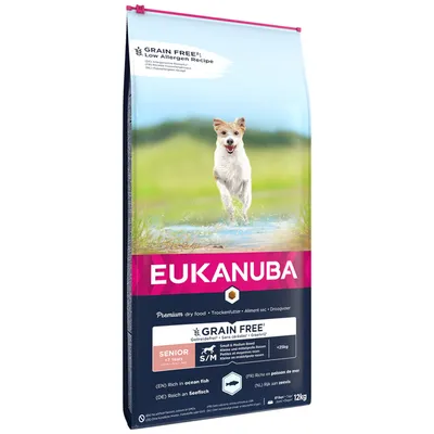 Eukanuba Premium tørfoder, kornfri opskrift, senior fra 7 år, rig på havfisk, til små og mellemstore racer, 12 kg pakke. Eukanuba Premium tørfoder, kornfri opskrift, senior fra 7 år, rig på havfisk, til små og mellemstore racer, 12 kg pakke.