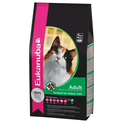 Eukanuba Adult Hairball for Indoor Cats, 4 kg. 100% High Quality Nutrition. Kuva kissasta ja nappuloista pakkauksessa. Teksti englanniksi: Vital Health System.