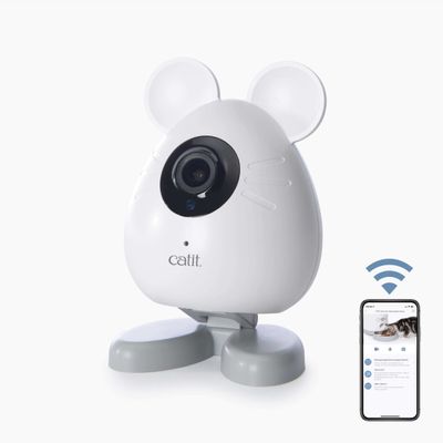 Hvidt kamera i muse-design med catit-logo, ved siden af smartphone med kattebillede og WiFi-symbol.