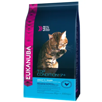Опаковка Eukanuba Top Condition 7+ за котки над 7 години, 2 кг. Видим текст: 91% животински протеин, Adult 7+ Years, 2Kg = 33Days.