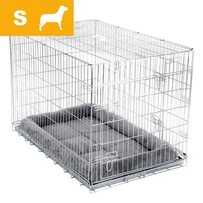 Metalowa klatka dla psa z szarą poduszką, rozmiar S widoczny w lewym górnym rogu na żółtym tle z ikoną psa. Metalowa klatka dla psa z szarą poduszką, rozmiar S widoczny w lewym górnym rogu na żółtym tle z ikoną psa.