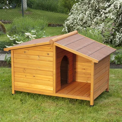 Niche pour chien en bois avec toit à deux pans, entrée en arc et terrasse couverte, posée sur l’herbe. Matériau visible : bois.