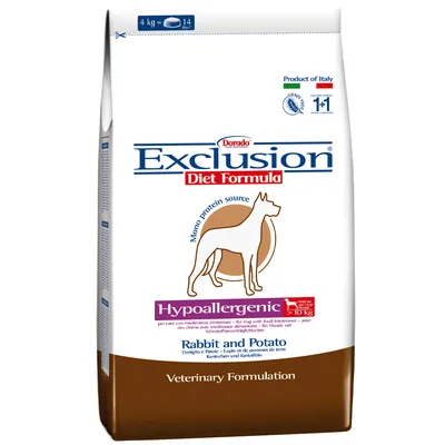 Dorado Exclusion Diet Formula hundefoder, Hypoallergenic, Rabbit and Potato, 4 kg = 14 dage, Veterinary Formulation. Product of Italy. Mono protein source. Synlig silhuet af hund.