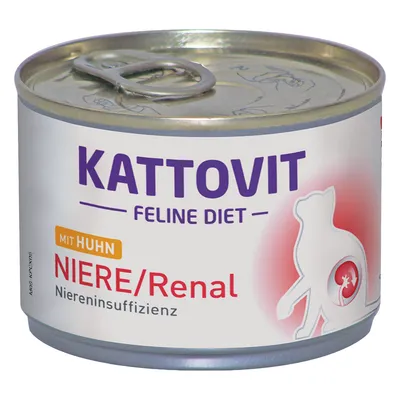 Konzerva Kattovit Feline Diet NIERE/Renal mit Huhn, Niereninsuffizienz. Bílá plechovka s fialovým a červeným textem, silueta kočky. Konzerva Kattovit Feline Diet NIERE/Renal mit Huhn, Niereninsuffizienz. Bílá plechovka s fialovým a červeným textem, silueta kočky.