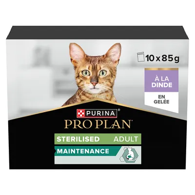 Purina Pro Plan Sterilised Adult Maintenance, 10 x 85g, à la dinde in gelatina. Confezione con motivo di gatto e simbolo di riciclaggio. Purina Pro Plan Sterilised Adult Maintenance, 10 x 85g, à la dinde in gelatina. Confezione con motivo di gatto e simbolo di riciclaggio.