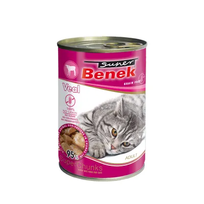Super Benek wet food for cats, veal flavour, 95% animal pieces, grain-free, without sugar, colourants or preservatives. For adult cats.