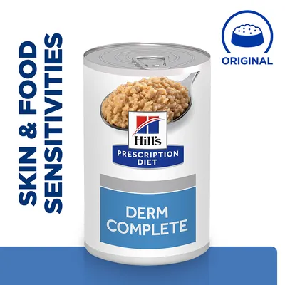 Prescription Diet Derm Complete food tin with text stating skin and food sensitivities, and an original icon shown. Prescription Diet Derm Complete food tin with text stating skin and food sensitivities, and an original icon shown.