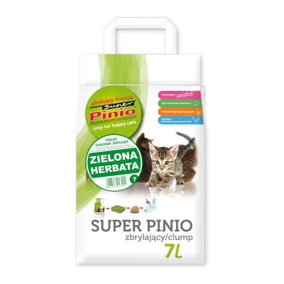 Super Pinio macskaalom, ZIELONA HERBATA, 7L, zöld-fehér csomagolás, cicával. Feliratok: only for happy cats, 100% naturalnych składników, pochłania nieprzyjemne zapachy.