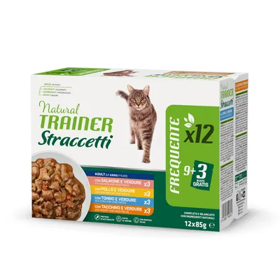 Natural Trainer Straccetti för katter, 12x85g. Smaker: lax, kyckling, tonfisk, kalkon med grönsaker. Utan färgämnen, konserveringsmedel och aromämnen. Erbjudande: 9+3 gratis.