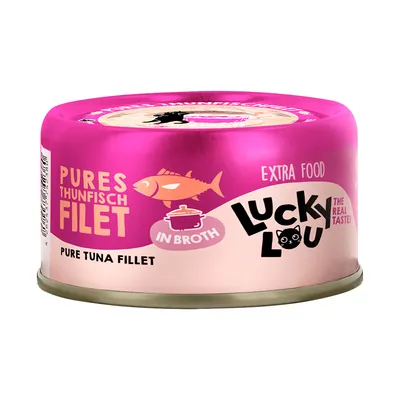 Lucky Lou Pures tuna fillet in broth, Extra Food, The Real Taste. Pink can with fish and cooking pot symbol.