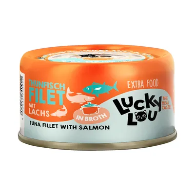 Lucky Lou Extra Food Fillet in Broth 12 x 70g - Tuna & Salmon