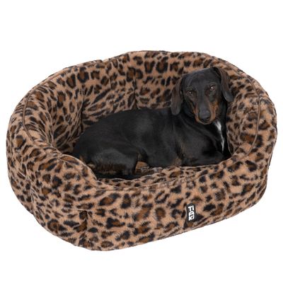 Hund i en oval hundbädd med leopardmönster och synlig logotyp 'Trixie'.