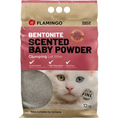 FLAMINGO Bentonita Scented Baby Powder, arena aglomerante para gatos, 12 kg. Best Seller. Made in Europe. Económica gracias a la acción aglomerante. También apta para gatitos.