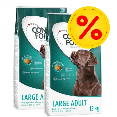 Two 12kg bags labelled Large Adult, for dogs aged 15 months and over. Special formula highlights: ideal weight maintenance, healthy skin and shiny coat, cartilage and joint protection. Percentage discount symbol shown.