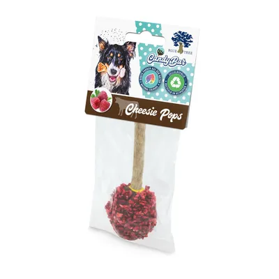 Friandise pour chien Blue Tree Candy Bar Cheesie Pops, emballée, avec illustration de chien et framboises sur l’étiquette. Texte visible : Cheesie Pops.