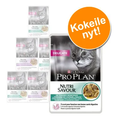 Purina Pro Plan Nutri Savour Delicate -kissanruokapakkaukset, etiketissä teksti 'Kokeile nyt!'. Näkyvissä annospussit ja tuotemerkki.