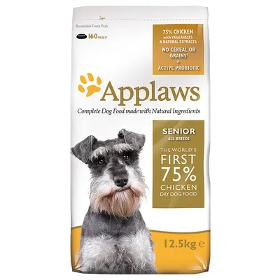 Applaws hondenvoer senior alle rassen, 75% kip, geen granen, actieve probiotica, 12,5 kg. Tekst in het Engels: 'The world's first 75% chicken dry dog food'.