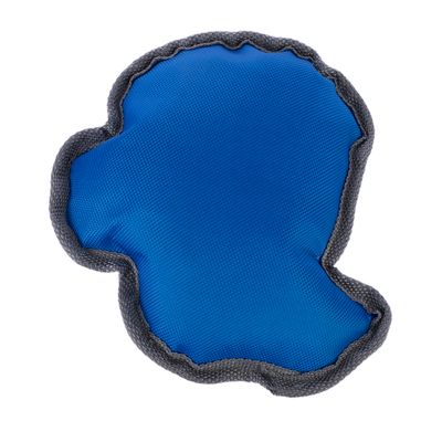 Niebieska, wyściełana zabawka z szarym brzegiem, odpowiednia dla zwierząt domowych.