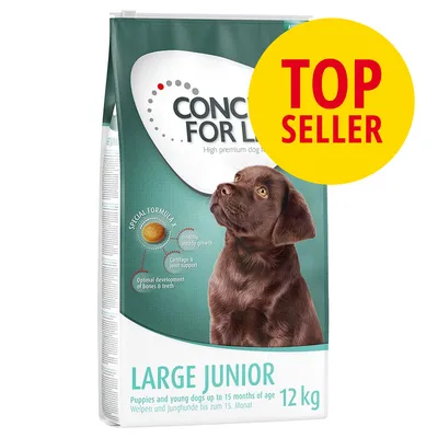 CONCEPT FOR LIFE Large Junior 12 kg, tørfoder til hvalpe og unge hunde op til 15 måneder. Gul cirkel med rød tekst: TOP SELLER. Synlig brun hund på emballagen. CONCEPT FOR LIFE Large Junior 12 kg, tørfoder til hvalpe og unge hunde op til 15 måneder. Gul cirkel med rød tekst: TOP SELLER. Synlig brun hund på emballagen.