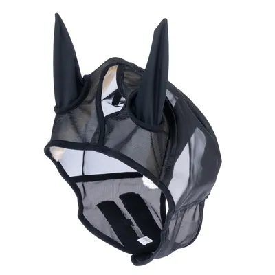 Zwart netmasker met oorstukken en klittenbandsluiting, geschikt voor dieren. Zichtbare materialen: mesh en stof.