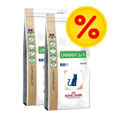 Two bags labelled Urinary S/O Veterinary Diet with icons for low RSS and SO index, plus a yellow percentage discount symbol in the corner.