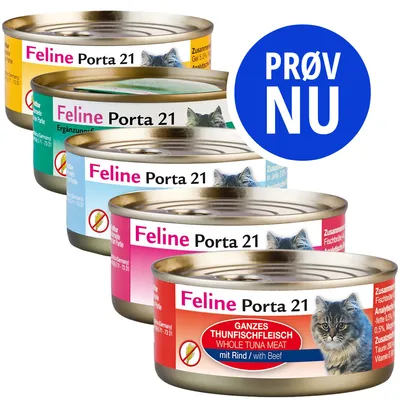 Feline Porta 21 kattemad dåser, synlige varianter inkl. 'Ganzes Thunfischfleisch mit Rind / Whole tuna meat with beef'. Blå cirkel med teksten 'PRØV NU'.