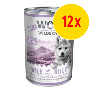 Little Wolf of Wilderness Wild Hills Junior, 100 % grain-free, 12 x 400 g. Synlig text: Duck & veal with fruits of the forest, roots and wild herbs.