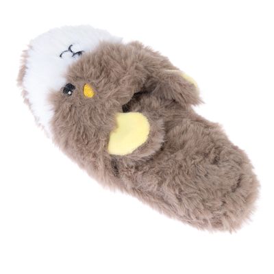 Plyšová hračka ve tvaru hnědého ptáka se žlutými křídly a bílou hlavou, vhodná pro domácí mazlíčky.