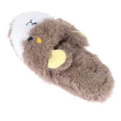 Plüschspielzeug in Form eines braunen Vogels mit gelben Flügeln und weissem Kopf, geeignet für Haustiere.