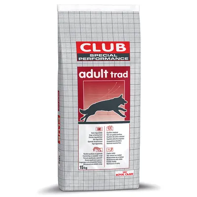 Royal Canin Club Special Performance Adult Trad, 15 kg. Alta digestibilidad y flora intestinal equilibrada para vitalidad. El envase muestra un perro saltando.