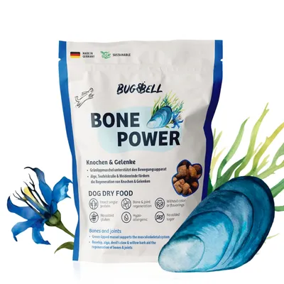 BugBell Bone Power hrană uscată pentru câini. Susține oasele și articulațiile cu midie cu cochilie verde, gheara diavolului și scoarță de salcie. Hipoalergenic, fără zahăr, fără aditivi artificiali. Made in Germany.