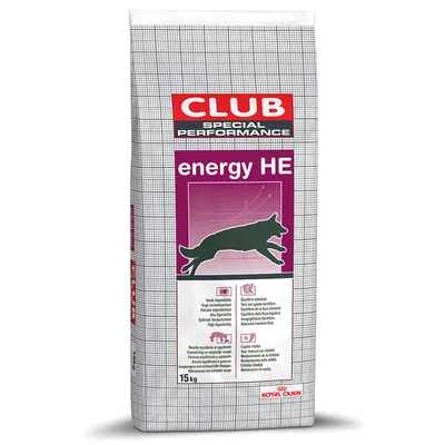 Royal Canin Club Special Performance Energy HE, 15kg. Hoge verteerbaarheid, evenwichtige darmflora, behoud van vitaliteit. Verpakking met springende hond en productinformatie.