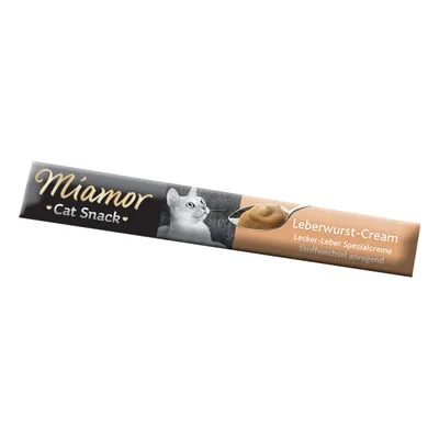 Miamor Cat Snack Leberwurst-Cream, Lecker-Leber Spezialcreme, Stoffwechsel anregend, Abbildung einer Creme auf einem Löffel