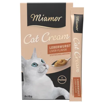 Miamor Cat Cream pastă de ficat cu aromă de ficat, stimulează metabolismul, cu cimbru, 6x16 g. Imaginea ambalajului și a unui baton porționat.