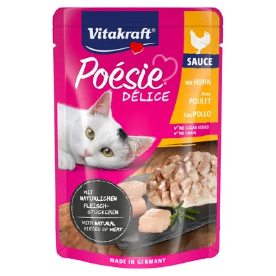 Vitakraft Poésie Délice Sauce csirkével. Természetes húsdarabokkal, hozzáadott cukor nélkül, gabonamentes. Németországban készült.
