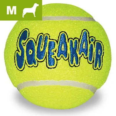 Gul tennisbold med teksten SQUEAKAIR i blå og sort. Øverst venstre hjørne: grøn firkant med hvidt M og hundesilhuet.