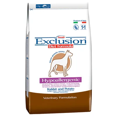 Корм для собак Exclusion Diet Formula Hypoallergenic Rabbit and Potato, 4 кг, гипоаллергенный, моноисточник белка, продукт Италии. На упаковке изображён силуэт собаки.