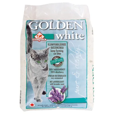 Golden White paakkuuntuva kissanhiekka, 320 % imukyky, riittoisa, laventelintuoksu. Valmistettu Saksassa.