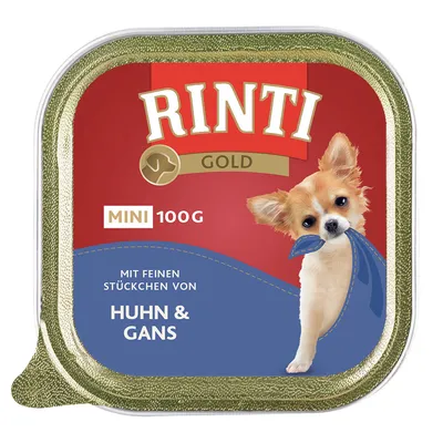 Rinti Gold MINI 100 g, mit feinen Stückchen von Huhn & Gans. Billede af lille hund på emballagen.