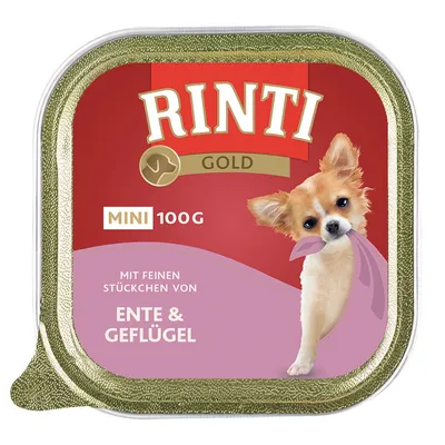 RINTI GOLD MINI 100g, ENTE & GEFLÜGEL, ambalaj cu imagine de câine mic; text suplimentar în germană: MIT FEINEN STÜCKCHEN VON.