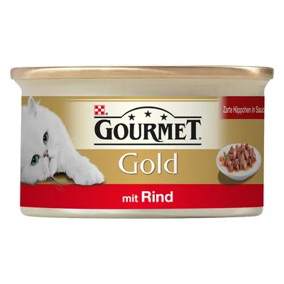 Lata de comida para gato Gourmet Gold mit Rind. Imagem de um gato branco e prato com pedaços de carne em molho. Texto adicional em alemão: Zarte Häppchen in Sauce.