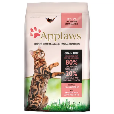 Applaws kattmat för vuxna katter med kyckling och lax, spannmålsfri, 80% kött, 20% grönsaker och naturliga extrakt, hypoallergen, med pre- och probiotika. Förpackning 7,5 kg.