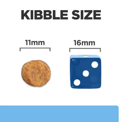 Kibble size comparison showing a round kibble measuring 11mm next to a blue die measuring 16mm.