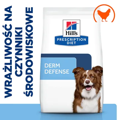 Hill's Prescription Diet Derm Defense karma dla psów. Widoczny napis: Wrażliwość na czynniki środowiskowe. Symbol kurczaka w prawym górnym rogu.
