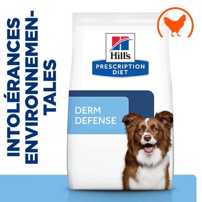 Hill's Prescription Diet Derm Defense, illustration de poulet, texte : intolérances environnementales. Sac avec image partielle d'un chien.